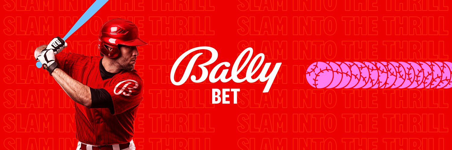 promo image for Bally Bet. Features a baseball player swinging a bat on the left side, the bally bet logo in the middle, and a graphic illustration of a baseball flying on the right.