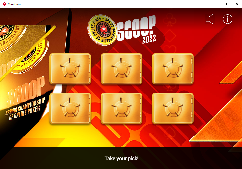 Screenshot of the SCOOP 2022 Pick-A-Box mini game on the PokerStars client. 6 gold boxes on a red and orange background with the SCOOP logo.