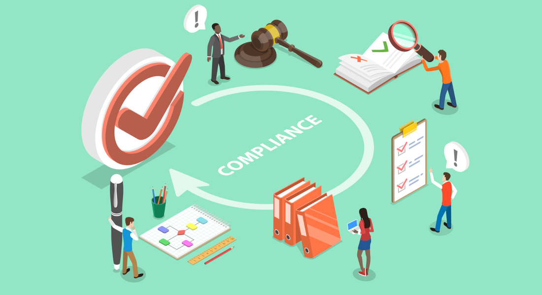 isometric illustration depicting a conceptualization of compliance. figures stand next to objects including, checklists, judge's scales, flowcharts, books, and binders -- representing the different pieces in the compliance journey.