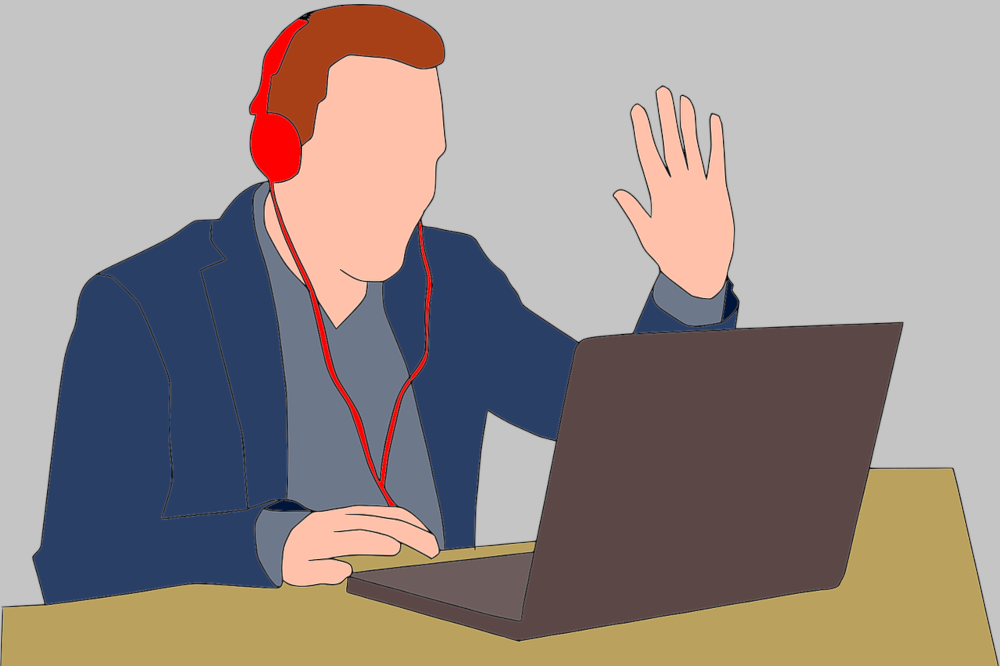 an illustration of a man wearing a dark blue jacket and red headphones sitting in front of a laptop with a webcam waving towards the screen