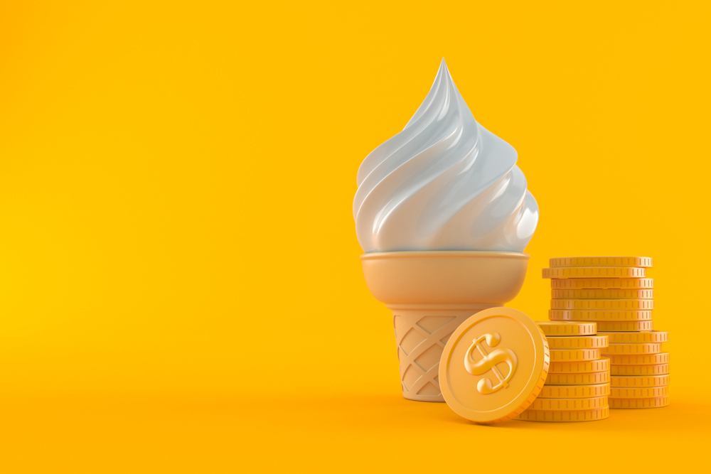 A yellow background with a vanilla ice cream cone in the foreground. Next to the ice cream is a pile of gold coins.