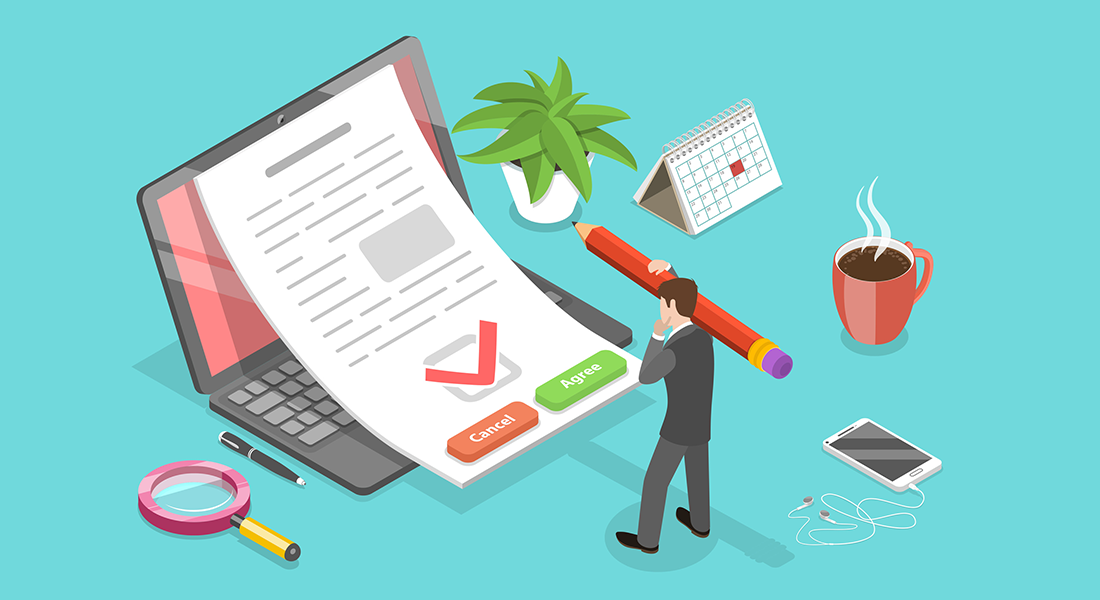 isometric illustration of a tiny person holding a giant pencil and checking off a list of rules and agreeing to them. a laptop, calendar, plant, mug of coffee, magnifying glass, and iphone are seen as well.