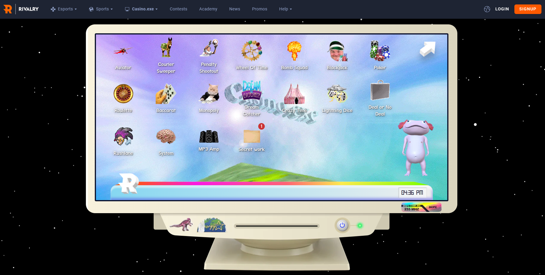 image of a computer screen displaying the Rivalry Casino playtform. in the bottom right corner is a smiling axolotl with a belly button and nipples.