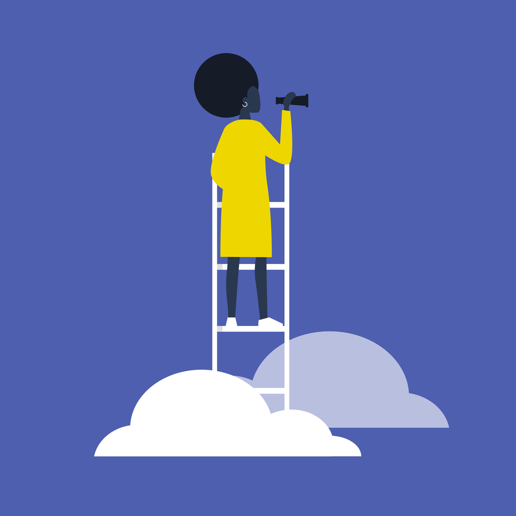 a woman with an afro wearing a yellow dress climbs a ladder up through the clouds and looks into the distance through binoculars.